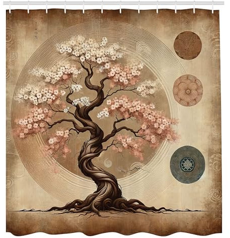 ABAKUHAUS Braun Duschvorhang, Ethnischer verwitterter Stil Frühlingbaum japanischer Garten rustikales Folk Motiv, Stoffliches Gewebe mit Haken, 175 x 200 cm, Aqua Rouge Off-White