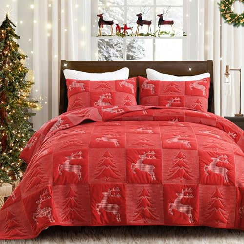 Grassix Weihnachts-Steppdecken-Set für Queen-Size-Betten, 3-teiliges Samt-Bettwäsche-Set mit Weihnachtsbaum-Rentier-Muster, weich, leicht, Weihnachts-Tagesdecke, Decke mit Kissenbezügen