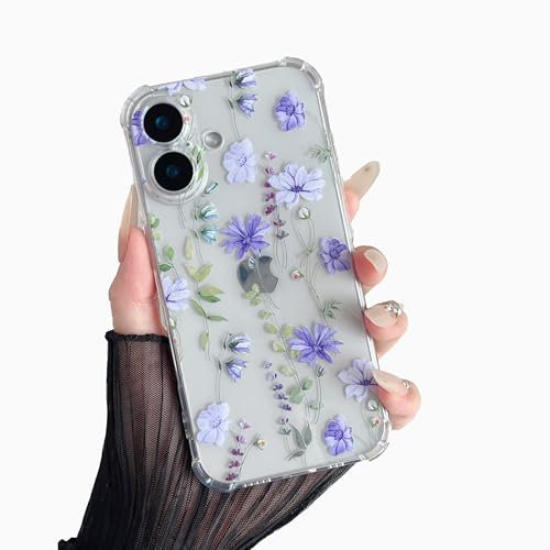 DEFBSC Compatible with iPhone 16 Case, Clear Floral Flower Pattern Print Design for Girls Women Flexible Shockproof Soft TPU Bumper Protective Phone Case - Purple Cosmos