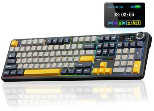 AULA F108 Pro Wireless Gaming Keyboard,Full Size Mechanical Keyboards with Display&Knob,2.4G/BT5.0/USB-C,Five Layers Filling,8000mAh,RGB,Creamy Sound,Hot Swappable Custom Keyboard (Grey&Yellow)