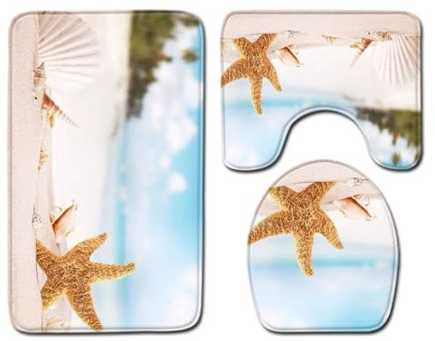 Badezimmerteppich Beige Beach Sea WC Vorleger mit Ausschnitt WC Deckelbezug 3 Teiliges WC Teppich rutschfeste Badgarnitur U förmiger Badematte Waschbar Bad Teppiche Set 50x80 cm