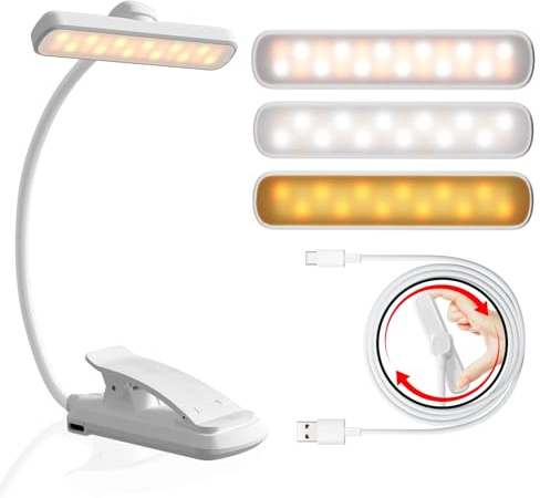 LUTW Leselampe Buch Klemme, USB Wiederaufladbare mit 24 LEDs, Weiß | Buchlampe Dimmbar, 3 Farben Modi & 5 Helligkeiten Augenschutz Leselicht , 1000mAh, 360° Drehbare Leselampe für Lesen, Reisen