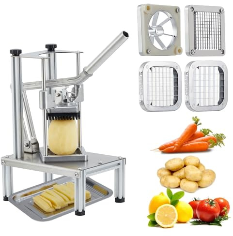 Commercial Vegetable Fruit Chopper with Tray, Heavy Duty French Fry Cutter with 4 Stainless Steel Blades Manual Potato Cutter for Yam Onion and Carrot(Vertical Base Type w/4 Blades)