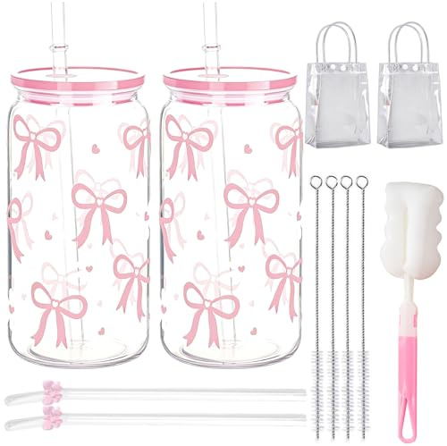Houbobo Glass Cups with Lids and Straws, 500ML Cute Glass Iced Coffee Cups, Reusable Pink Bow Drinking Glasses Set for Coffee, Juice, Tea Water, Gifts for Girls Women Friend (2)