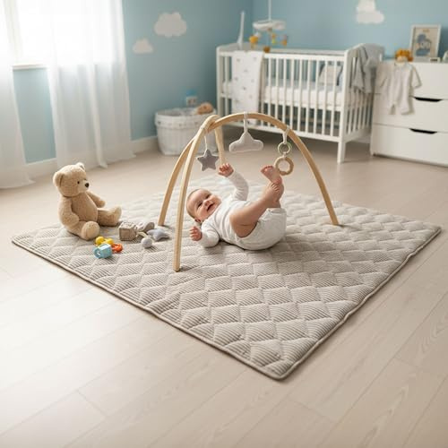 Sanosoft® Krabbeldecke - rutsch- & wasserfeste Krabbelunterlage mit Öko Tex & Made in Germany… (Cord Creme, 130x150cm)
