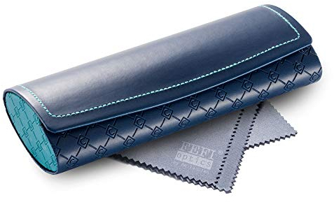 FEFI - Elegantes Hardcase Brillenetui in Leder-Optik - inklusive Brillenputztuch/Microfasertuch (Blau)