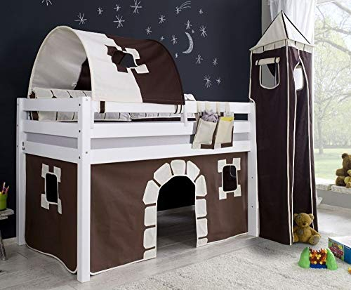 Froschkönig24 Hochbett Alex Kinderbett Spielbett Bett Weiß Stoffset Burg, Matratze:mit
