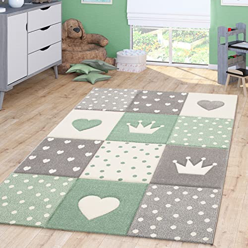 TT Home Kinderzimmer Teppich Junge Mädchen Kinderteppich Punkte Herz 3D Optik Pastell, Farbe:Grün, Größe:80x150 cm
