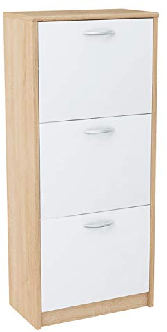 MATKAM Schuhschrank aus Holz 3S, in Schlichter Optik, B 50 x H 116 x T 28 cm, laminierte Möbelplatte 16 mm, mit Rückwand, 3 ausklappbare Schuhablagen (Sonoma Eiche – Weiß)