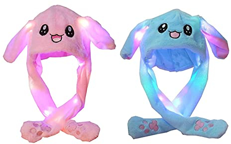 YouYuer 2PCS LED Hasenohren Hut,Plüsch Hase Hut mit Beweglichen Ohren,Mütze mit Bewegliche Ohren Hasen Lustige Hüte Lustige Plüsch Mütze mit Ohren Kawaii Plush Mütze Kinder Erwachsene