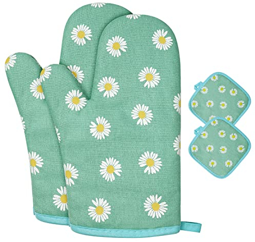 AUAUY Oven Mitts and Potholders, BBQ Gloves Heat Resistant, 1 Pair Oven Mitts and 2 Pot Holders, Cotton Non-Slip Cooking Gloves for Cooking Baking Kitchen Microwave Pizza (Daisy-Green)