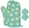 AUAUY Oven Mitts and Potholders, BBQ Gloves Heat Resistant, 1 Pair Oven Mitts and 2 Pot Holders, Cotton Non-Slip Cooking Gloves for Cooking Baking Kitchen Microwave Pizza (Daisy-Green)
