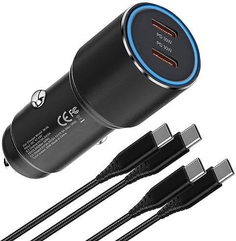 60W Super Fast USB C Car Charger and Cable for Google Pixel 9 Pro XL/7A 8A 7 8 6 Samusng A55 A54 A25 A35 5G A53 A52 A52S A34 A33 A14 A13 S23 Plus Ultra/S20 FE,Z Fold 4 5 Cigarette Lighter Adapter