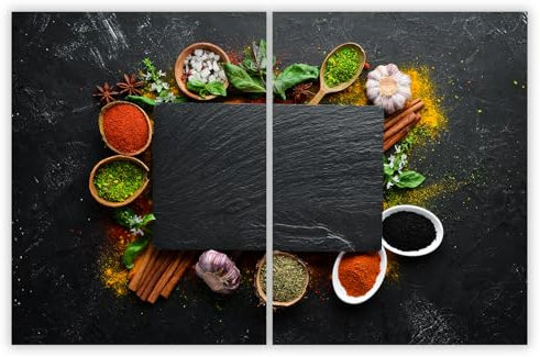 SMTDeco Protection plaque de cuisson, vitrocéramique, verre trempé, pour cuisinières électrique, à induction,planche à découper 2 x 40x52 cm Lot de 2. Herbes Épices Noir (106783)