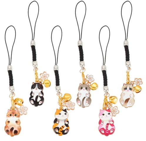 OLYCRAFT 6Pcs Pendentif Téléphone en Forme de Chat Avec Boucle en Nylon et Cloche en Fer pour Sac à Dos, Portefeuille, Porte-clés - Accessoires
