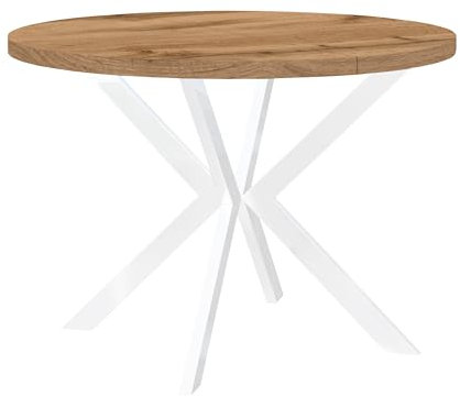 Dekori Möbel Runder Ausziehbarer Tisch für Esszimmer, ENDO mit Metallbeinen, Loft-Stil, Industriel, Durchmesser Varianten von : 90 bis 220 cm (Eiche Wotan/Weiß, 120/220)