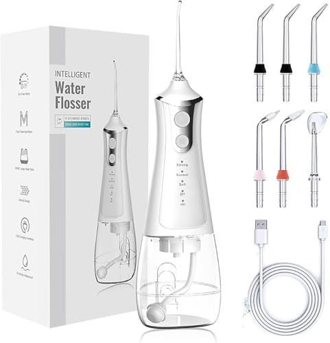 Luxecare Luxe Water Flosser, 2026 Upgraded Portable Oral Irrigator 300ML 5 Pressure Settings Rechargeable Teeth Braces Pick IPX7 Waterproof Irrigation Cleaner for Travel Home White 6 Extra Nozzels