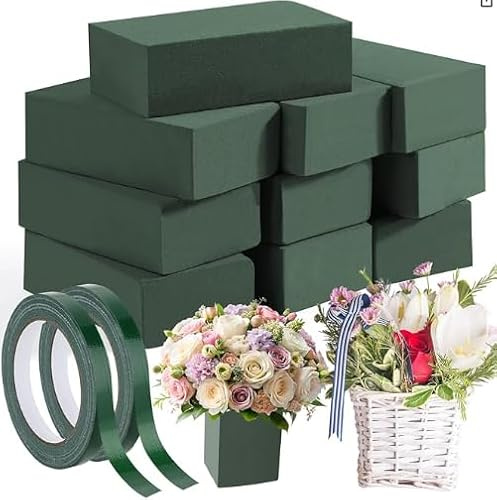 Tsudoku 10 Pcs Floral Foam, Green Sponge Block with 2 Green Tape | Square Wet & Dry Foam Bricks, For Flower Arrangements, Indoor and Outdoor Floral Displays, Weddings and Funeral Arrangements