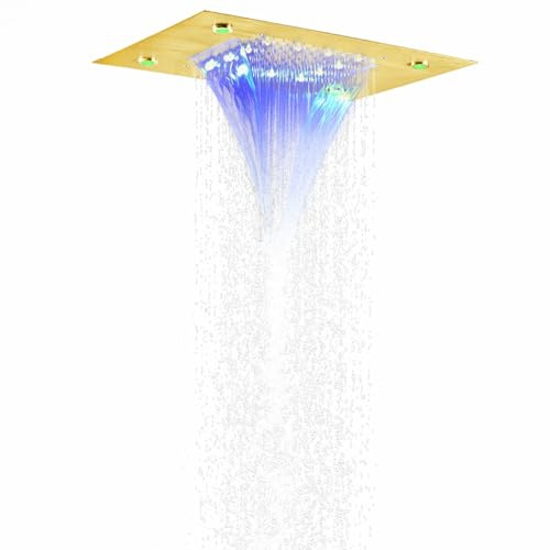 ?Soffione Doccia a LED Rettangolare da Incasso a soffitto, Multifunzione, Cascata, soffione Doccia per Bagno (Oro Spazzolato)