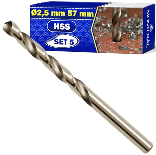 5 x HSS Punte Trapano Metallo Ø2,5mm 57mm Acciaio Temprato M35 5% Cobalto | Punte Trapano Ferro per Ferro Acciaio Metalli Non Ferrosi - MONTERAL