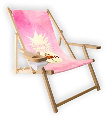 MultiBrands® Holz-Liegestuhl, mit Armlehne und Getränkehalter, klappbar, Motiv Summer