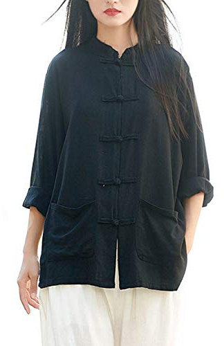 Lazutom Tunique pour femme en coton et lin avec bouton grenouille et col mandarin pour arts martiaux chinois Kung Fu Tai Chi, noir, Taille Unique