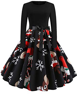EFOFEI Damen Kurzarm Cocktailkleid mit Gürtel Weihnachten Kleider Kurzarm Hepburn Stil Cocktailkleider Schwarz M