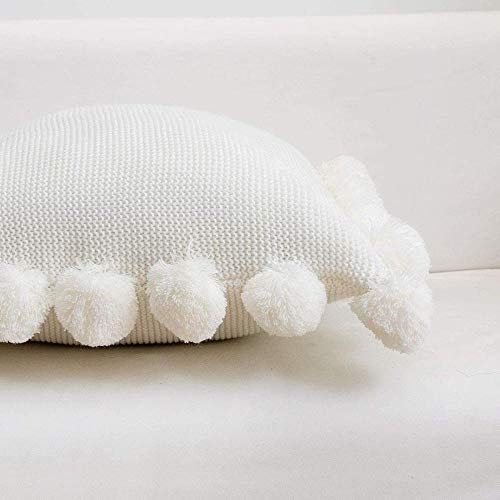 Knitted Pillow Covers with Pompoms Tassel Boho Striped Cable Knit Throw Pillow Cases Decorative Pillow Cushion Cover Set for Home Sofa Couch Bed-20x20_B-cream