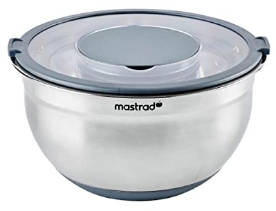 Mastrad F29464 Bol INOX ø 24 cm + Couvercle Transparent-Récipient Gradué-Base Antidérapante en Silicone-Idéal pour la Préparation, Le Service et la Conservation des Aliments-5L-Gris