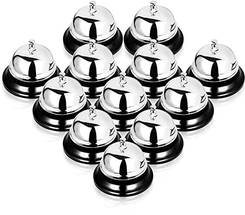 FVIEXE 12 campanelli di servizio, grandi campanelli di chiamata in metallo per cucina, ristorante, bar, hotel, scuola, reception, aree di addestramento per cani, diametro 8,9 cm, argento
