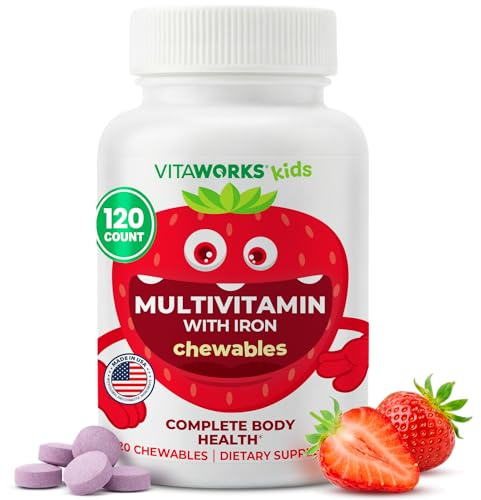 Kids Multivitamin with Iron & Minerals Chewable Tablets - Mixed Fruit Flavor - Vegetarian, GMO-Free, Nut Free - Dietary Supplement - Digestive Support for Children - 120 Chewables