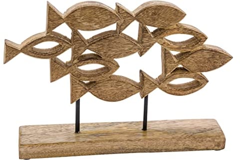 Spetebo Mango Aufsteller Fischschwarm - 25 x 19 cm - Maritimer Deko Ständer Motiv Fische - Holz Figur Skulptur für Tisch und Fenster