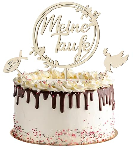 3 Stück Cake Topper Taufe Holz Taufe Torten, Taufe Torten Topper Taube Fisch Kranz Kuchen Deko, Cake Topper Personalisiert für Geburtstage Taufen Duschen Kommunionfeiern Holz, Babyparty, Babydusche