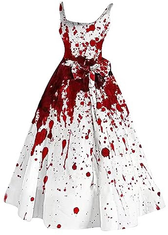 Halloween Robes pour Les Femmes, MéDiéVal pour Femmes Robe Maxi sans Manches éPaule Froide Steampunk Robe Corset Bloody Imprimer VêTements Gothiques Corset Robe Victorienne d'halloween Robe Party