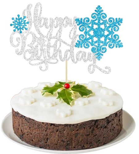 Gyufise 1Pc Snowflake Happy Birthday Cake Topper Glitter Snowflake Theme Birthday Cake Pick for Winter Frozen Theme Baby Shower Birthday Party Cake Decorations Silver Blue