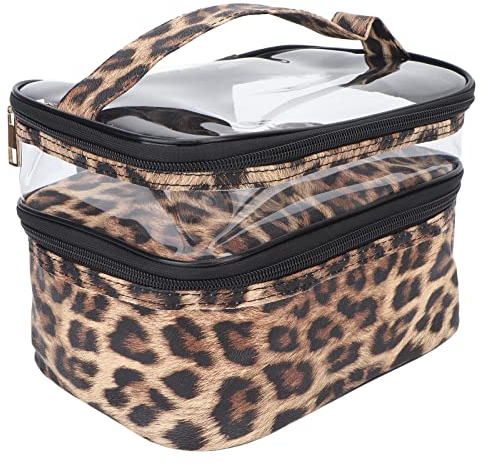 ANKROYU Sac à Cosmétiques Imprimé Léopard, Trousse De Toilette De Voyage Double Couche, Sac à Fermeture éclair Imperméable avec Compartiment, Sac De Rangement pour Pinceaux De Maquillage pour Femmes