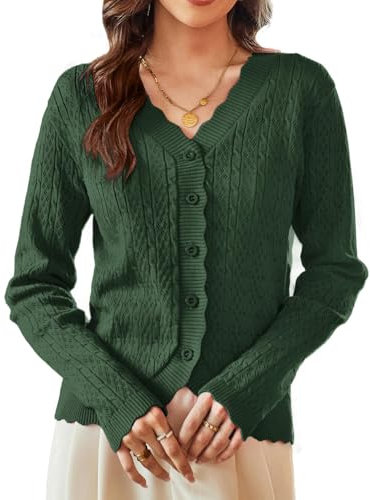 KANCY KOLE Damen Strickjacke Sommer Langarm V-Ausschnitt Leicht Cardigan für Kleid Bolerojacke mit Knöpfen Olivgrün XXL