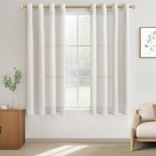 CUTEWIND Cortinas Lino Cortas para Ventanas 140x160 CM Cortina Dormitorio Juvenil Translucida 2 Piezas Cortinas y Visillos con Ojales para Salon Comedor Habitacion, Blanco Marfil