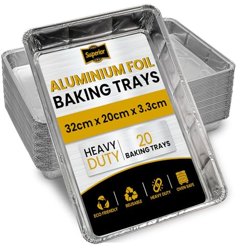 Superior 20 Pack Aluminum Foil Baking Trays - Foil Containers for Baking, Catering Aluminum Foil Tray for Meal Prep, Cooking, Baking, Roasting, Freezer Storage - 32cm x 20cm x 3.3cm