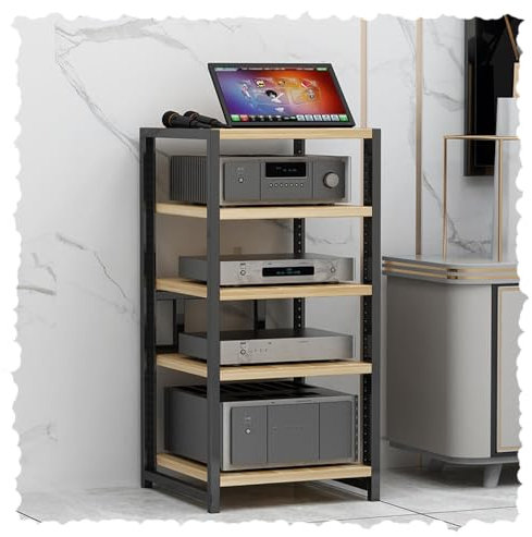 Adjustable Wooden Media Storage Cabinet for Home Corner 4/5/6 Tier AV Media Stand with Stereo Rack Ideal for Audio Video Components Organization Natural Finish (31.4in)