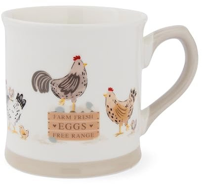 Cooksmart Hen House Lane Tankard Mug | Large 425ml Farmhouse-Style Mug | Durable New Bone China | Rustic Hen & Farm Print | Comfortable Handle | Dishwasher & Microwave Safe