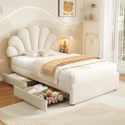 Miyemo Single Bed Frame with Storage Drawers, 3ft Upholstered Bed with Adjustable Petal Headboard, Petal Bed with Solid Wood Slat, Velvet, No Box Spring Needed, 90cm*190cm, Beige, (No Mattress)