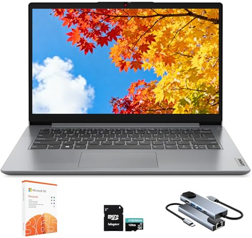 Lenovo IdeaPad 1 1i 14 Laptop with 1-Year Microsoft 365, Intel Processor, 8GB RAM, 128GB eMMC + 512GB SSD, SD Card Reader, Privacy Camera, Long Battery Life, with Accessories, Win 11 Pro