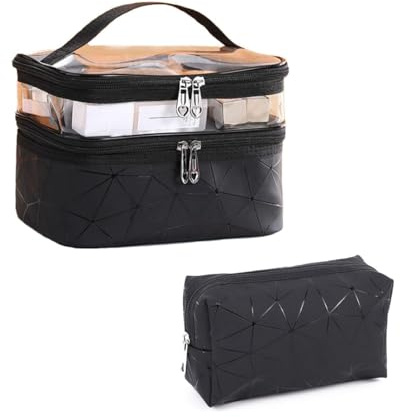 NOVAGO - Lot de 2 Trousse de Toilette et Maquillage, Vanity Double Couches Plastifié Solide Durable et Imperméable pour Voyage (Noir)