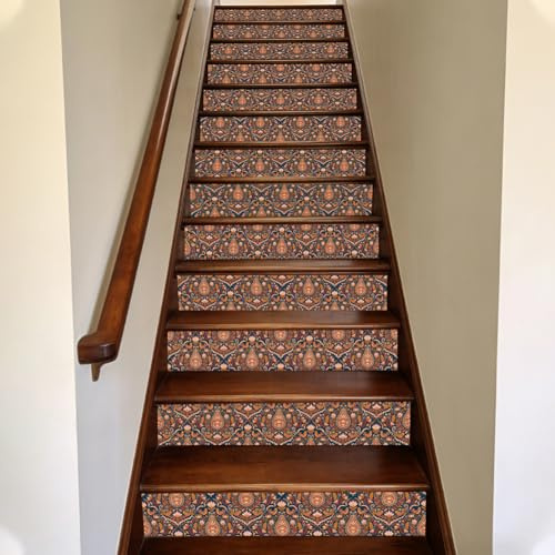 TNKBREEZE 15 Stück Boho Blumen Treppenaufkleber Paisley Kunststoff 39,37×7,09 Zoll abziehbare selbstklebende Fliesen Aufkleber für Treppen, Badezimmerstufen, Boden und Schränke