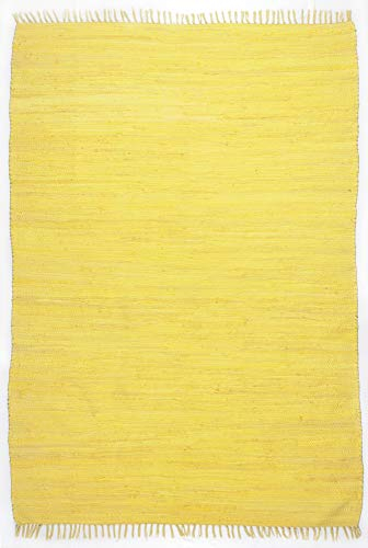 THEKO | Dhurry Teppich aus 100% Baumwolle Flachgewebe Teppich Happy Cotton | handgewebt | Farbe: Gelb | 90x160 cm