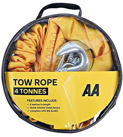 AA AA6226 - Fune di Traino Resistente, 4 M, per Rottura Auto e Altri Veicoli, con Ganci, Capacità Fino a 4 Tonnellate, Giallo