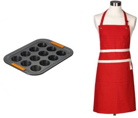 Le Creuset Toughened Non-Stick Bakeware 12 Cup Mini Muffin Tray with Textiles Chefs Apron, Red