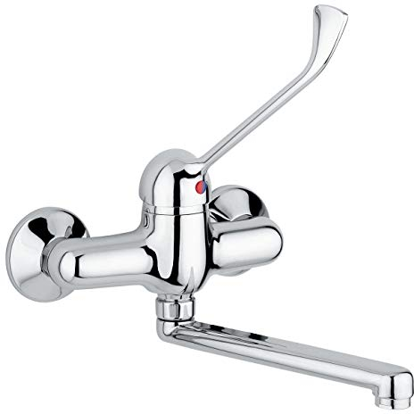 Hochwertige Hygiene-Armatur mit langem Hebel, Ellenbogenbedienung, verchromtes Messing, mit Wandrosetten, Armbedienung, zur Wandmontage