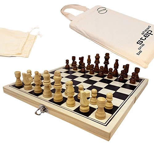 Big Game Hunters Portable Wooden Chess Set - Pine Folding Board 30 x 30cm Travel Chess Set - Superior Pieces with Protective Base Pads. Travel Board Games. Chess Set for Adults, Kids and All Ages
